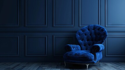 Luxurious deep blue room with a classic-style armchair on a dark background