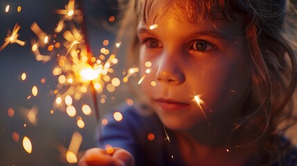 Child holding a lit sparkler. Nighttime joy and celebration concept