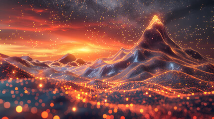 A mountain peaks high above an infinite sea of digital data. symbolizing the impact and grandeur of technology. The sky is crimson with golden stars - obrazy, fototapety, plakaty