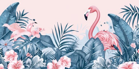 Fototapeta premium Watercolor tropical wildlife, flamingo bird, seamless. Hand Drawn jungle nature, flowers illustration. Print for textile, cloth, wallpaper, scrapbooking. AI generated illustration