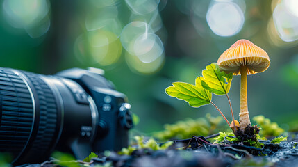 A mushroom is sprouting from a camera lens. representing the concept of photographic technology and ecological balance - obrazy, fototapety, plakaty
