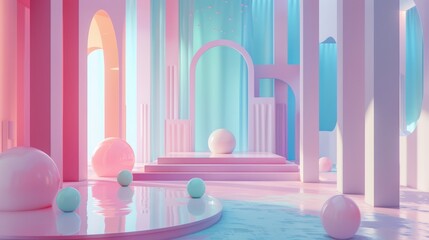 Futuristic corridor with pastel pink and blue tones, abstract architectural elements, and dynamic lighting