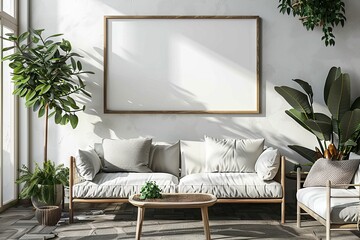 Mockup of a empty horizontal picture frame in a modern waiting room