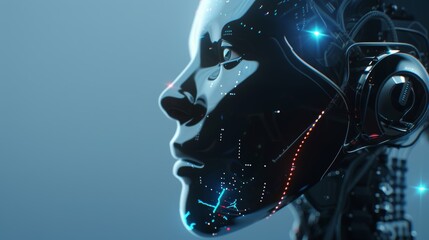 Profile of a female android with illuminated circuits.