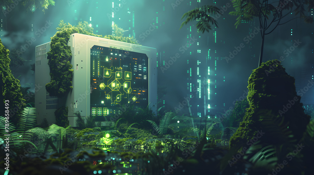 Poster a network hub with biofuel generators and tidal turbines in the distance. bordered by a verdant jung