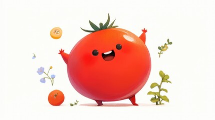 A whimsical tomato character brought to life in vibrant cartoon playfully standing out against a pristine white backdrop