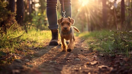 A small terrier dog with a shiny brown coat walks happily in the park on a sunny day. Its owner, in jeans and boots, holds the leash under sunlit trees, creating a lovely scene of companionship. - obrazy, fototapety, plakaty