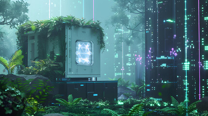 A network hub with biofuel generators and tidal turbines in the distance. bordered by a verdant jungle and plasma-colored illuminations on one flank. - obrazy, fototapety, plakaty