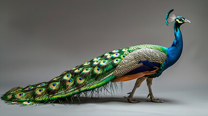 Obraz premium A peacock with brilliant. multicolored plumage is shown against a grey background. The colors feature radiant blue and green eyespots on the tail