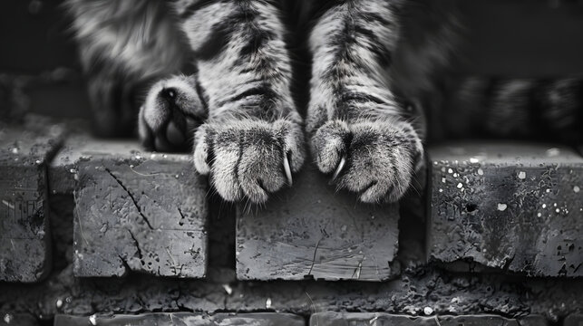 A photo of a charming cats paws with sharp claws sitting on a rustic red brick wall.  