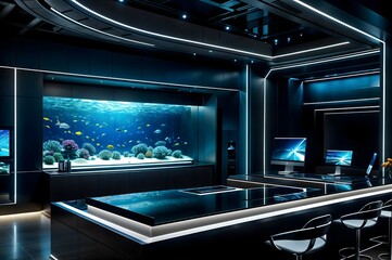 Modern luxury room with aquarium wall