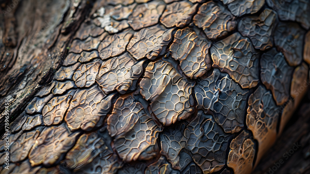 Poster a photo of a sleek snakes scales with a unique pattern slithering on a rough brown tree bark