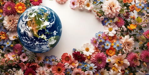 Earth globe in flowers. Eath day concept horizontal design template. World Environment day.