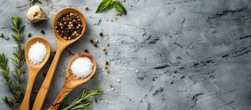 Wooden spoon and ingredients on a vintage backdrop. Concept related to vegetarian food, health, or cooking. Design with open space for text.