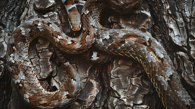 A photo of a sleek snakes scales with a unique pattern slithering on a rough brown tree bark
