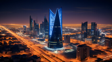 During the blue hour, the KAFD buildings in Riyadh, Saudi Arabia, stand out