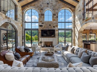 Gorgeous modern farmhouse living room with high ceilings and large windows