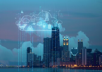 A digital illustration of cloud computing technology with icons and imagery representing data transfer and security features like encrypted symbols, above an urban skyline at dusk Generative AI