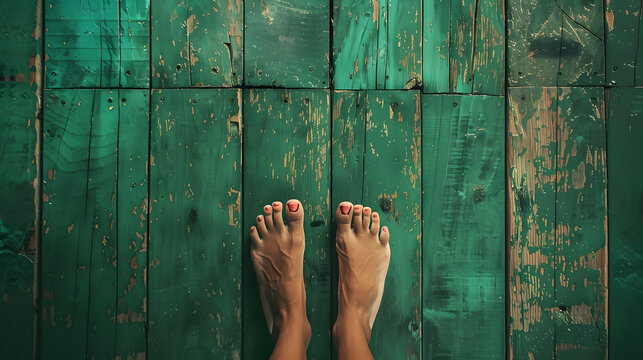 A photo of beautiful female feet with great toes standing on an old green wooden floor