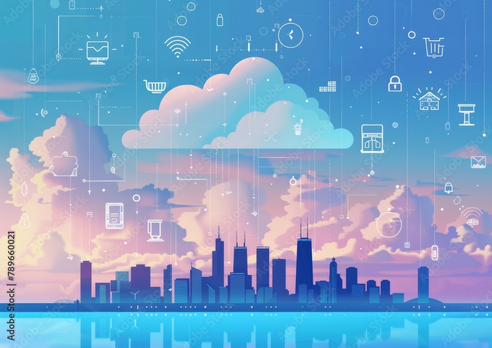 Poster a digital illustration of cloud computing symbols floating above an urban skyline, representing the 