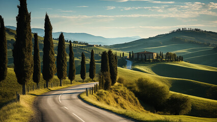 Beautiful landscape of a country roadsurrounded by blooming meadow, cypress and olive trees