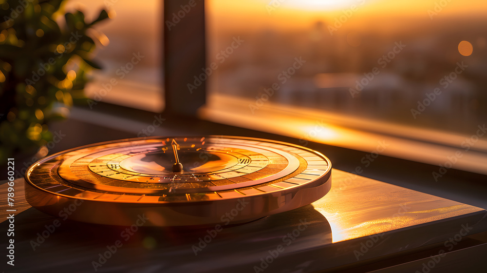 Poster a polished sundial with radiant hues symbolizing various epochs. positioned against a twilight backd