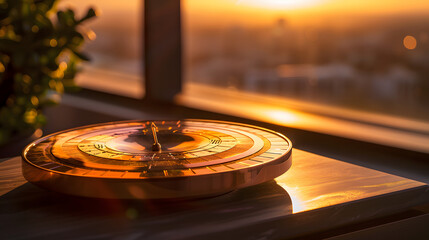 A polished sundial with radiant hues symbolizing various epochs. positioned against a twilight backdrop. The shadow on the dial creates an abstract depiction of human sentiments and experiences.  - obrazy, fototapety, plakaty