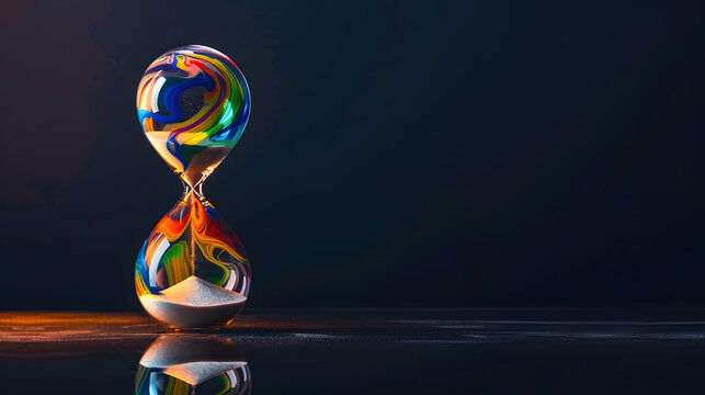 A polished hourglass with swirling colors representing different time stages. set against a dark background. The sand in the glass forms an abstract representation of people and emotions. 