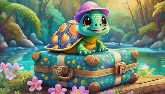 oil painting style CARTOON CHARACTER CUTE baby turtle sitting on open suitcase the pet in the trip