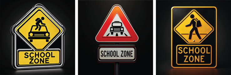 set of school zone sign on a black background. Generative ai