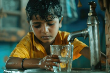 an Indian child boy draws water into a glass from a public street tap. Poverty. Lack of clean drinking water.