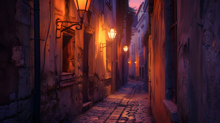 Fototapeta na wymiar A quiet alleyway at dusk with vintage lamps illuminating the path. minimalistic