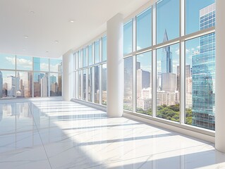 A large, empty room with a view of the city. The room is very clean and has a lot of windows