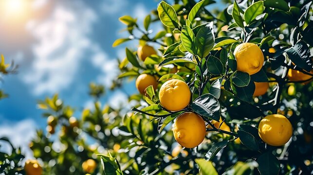 A sunny image of a lemon tree with yellow lemons hanging heavily from its branches, their bright colors vibrant against the lush green leaves, capturing the essence of a fruitful summer day.