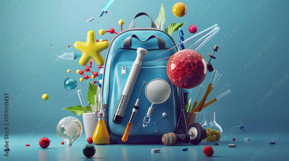 Poster a school backpack with different scientific instruments spilling out of it. symbolizing science educ