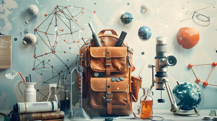 A school backpack with different scientific instruments spilling out of it. symbolizing science education. A creative concept for science learning