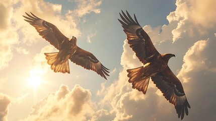 A stunning view of a pair of golden eagles soaring side by side, their majestic wingspan casting shadows over the rugged mountain terrain below