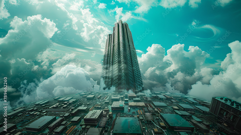 Poster a skyscraper towers over an endless array of circuit boards. symbolizing the impact and magnificence