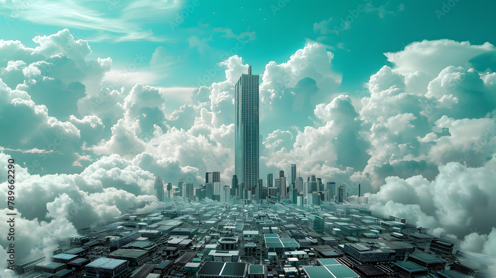 Poster a skyscraper towers over an endless array of circuit boards. symbolizing the impact and magnificence