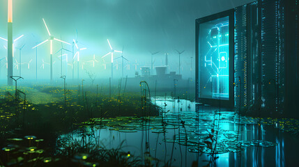 A server center with wind power plants and nuclear power stations in the distance. bordered by a verdant wetland and neon-colored beams on one edge - obrazy, fototapety, plakaty
