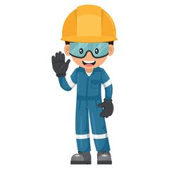 Industrial mechanical worker with his personal protective equipment saluting. Express an idea in a presentation. Safety first. Industrial safety and occupational health at work