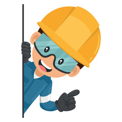 Industrial mechanical worker peeking out from behind a wall pointing finger. Express an idea and indicate it with the index finger. Industrial safety and occupational health at work