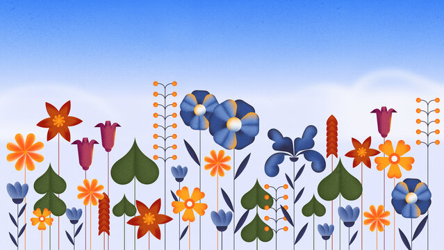 Flowers on blue sky background. Natural Floral Plant backdrop