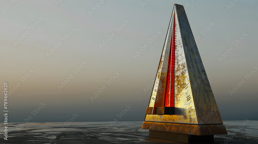Poster a sophisticated metronome with lively pigments representing varied intervals. against a dim horizon.