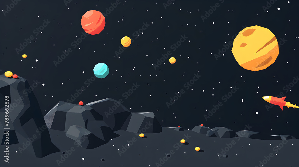 Poster a space scene with planets floating around. 3d isometric style