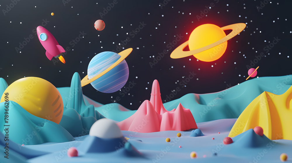 Poster a space scene with planets floating around. 3d isometric style
