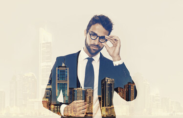 Portrait, businessman and double exposure for architecture, design or infrastructure with mockup....