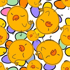 Cartoon Doodle Easter seamless chicken and eggs pattern for wrapping paper and fabrics and linens and kids