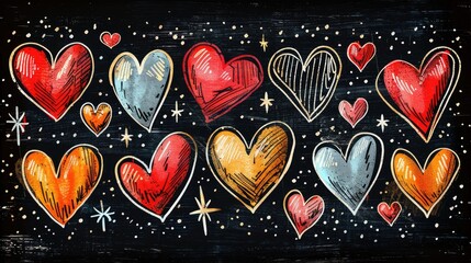 A pattern of bright multi-colored hearts on a black background. Art heart mosaic pattern, texture, wallpaper. Cartoon hearts drawing with colored pencils, paints, crayons. Heart tiles wallpaper.