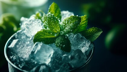 Close-up of a Mint Julep, focus on the crushed ice and mint leaves, soft ambient lighting highlighting the texture.. AI generated. - obrazy, fototapety, plakaty